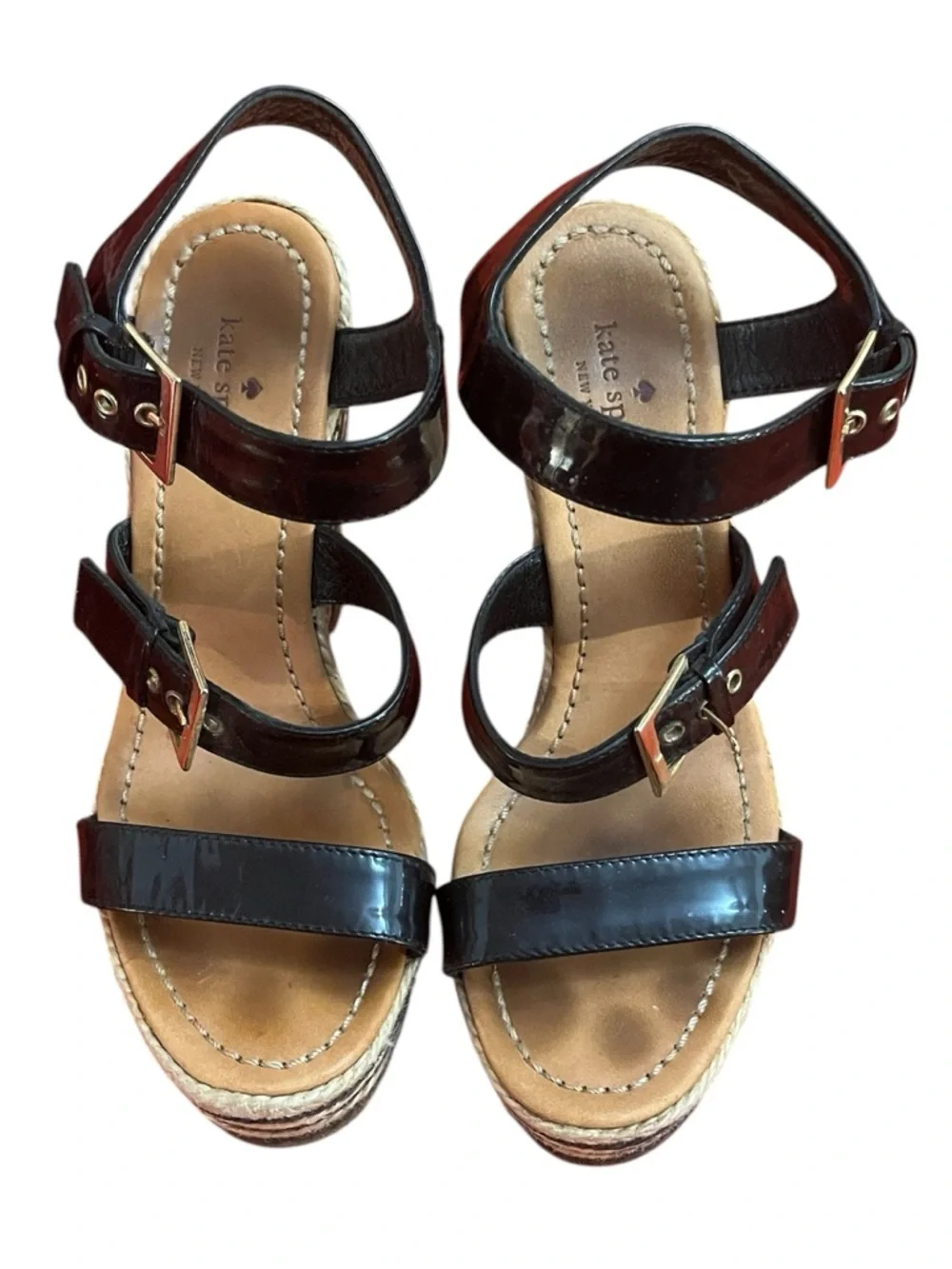 kate spade Black Patent Triple-Strap Espadrille Wedge Sandals